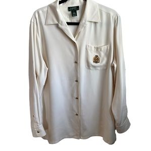 Lauren Ralph Lauren Women Silk Button Front Shirt L Ivory Cream Roll Tab Sleeve